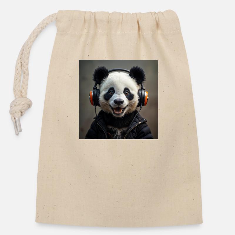 Panda souriant écoutant de la musique - Sac cadeau en coton avec cordon (14 x 20 cm) - nature