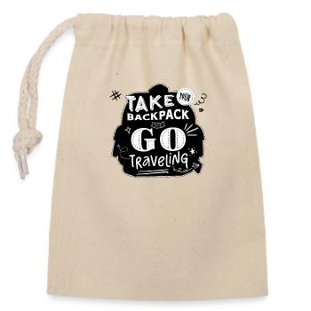 "Take your backpack and go traveling" black - Closable cotton gift bag (14x20cm) - nature - Front