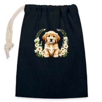 Chien Golden Retriever - Floral Vintage - Sac cadeau en coton avec cordon (14 x 20 cm) - bleu marine - Devant