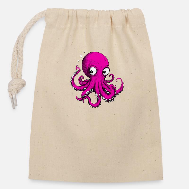 Dessin Pieuvre Rose - Sac cadeau en coton avec cordon (14 x 20 cm) - nature