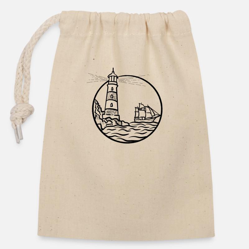 Leuchtturm Schiff - Verschließbarer Geschenkbeutel aus Baumwolle (14x20cm) - Natur