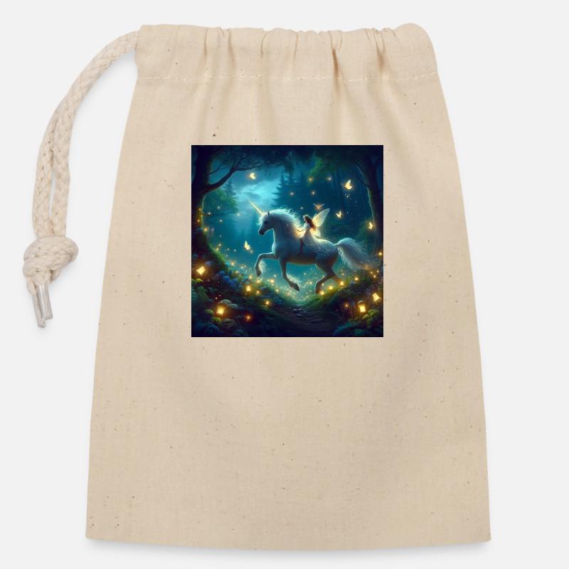 Einhorn und Fee im Wald - Verschließbarer Geschenkbeutel aus Baumwolle (14x20cm) - Natur