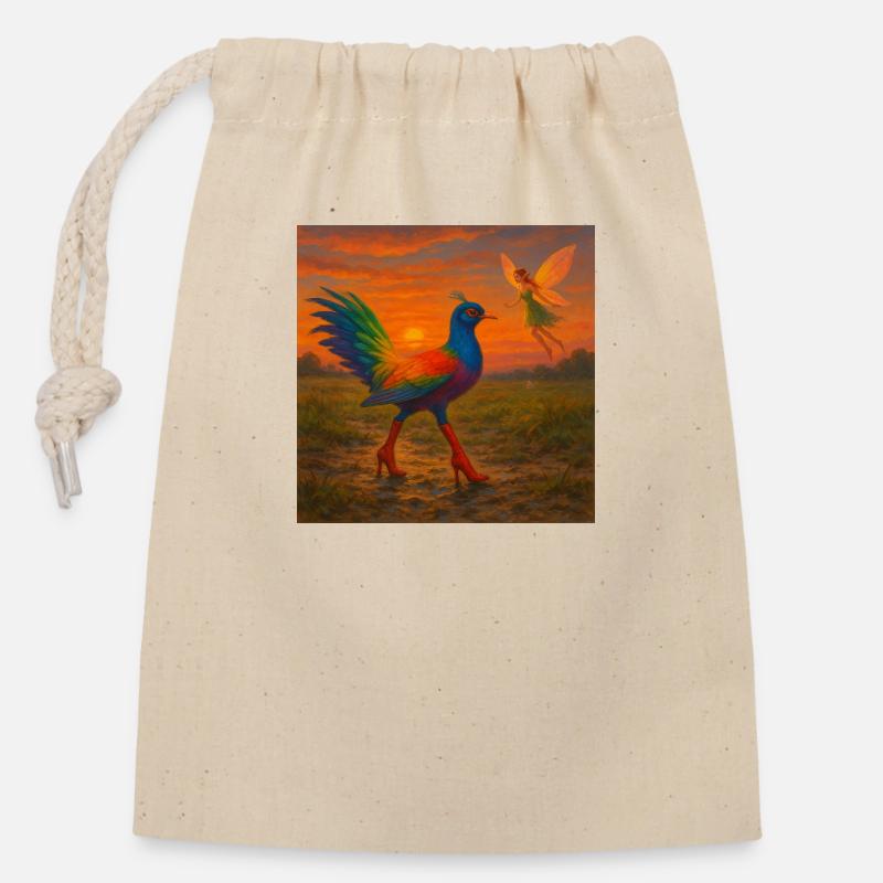 Oiseau en Higheels avec Elf - Sac cadeau en coton avec cordon (14 x 20 cm) - nature