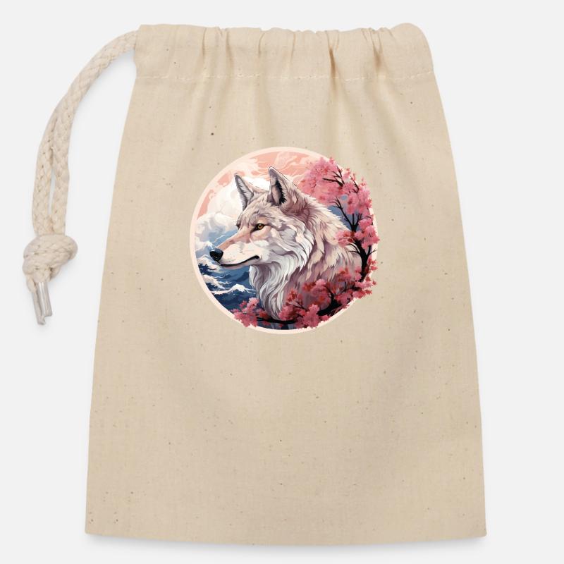Japanese Wolf, Cherry Blossom - Closable cotton gift bag (14x20cm) - nature