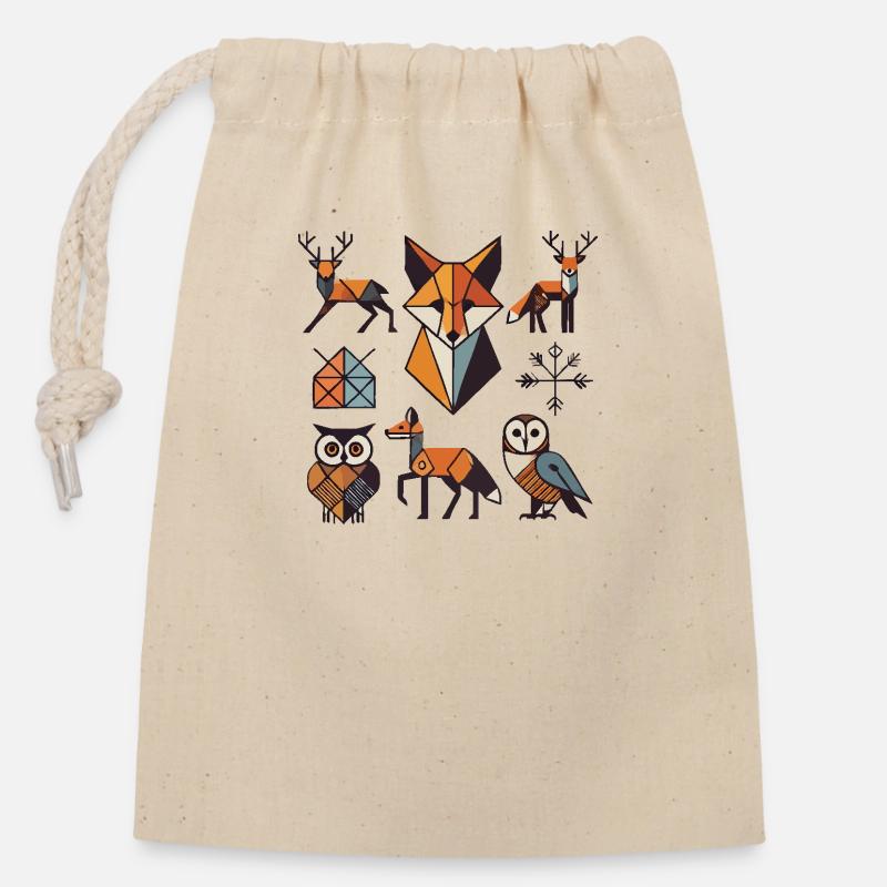 Animaux géométriques de la forêt - Sac cadeau en coton avec cordon (14 x 20 cm) - nature