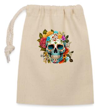Totenkopf Blumen Bunt - Verschließbarer Geschenkbeutel aus Baumwolle (14x20cm) - Natur - Vorne