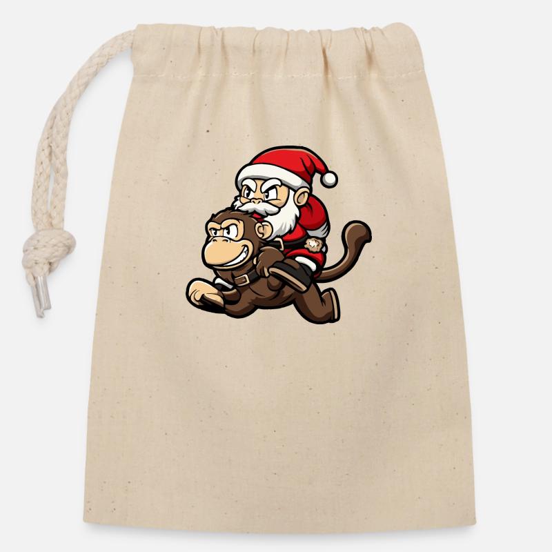 Affe Weihnachtsmann Cartoon - Verschließbarer Geschenkbeutel aus Baumwolle (14x20cm) - Natur