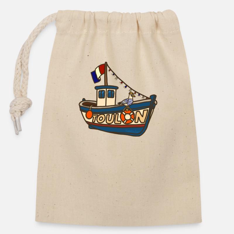 Fischerboot Toulon mit lustiger Möwe - Verschließbarer Geschenkbeutel aus Baumwolle (14x20cm) - Natur