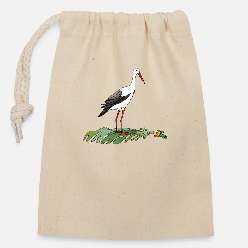 Oiseau cigogne - Sac cadeau en coton avec cordon (14 x 20 cm) - nature