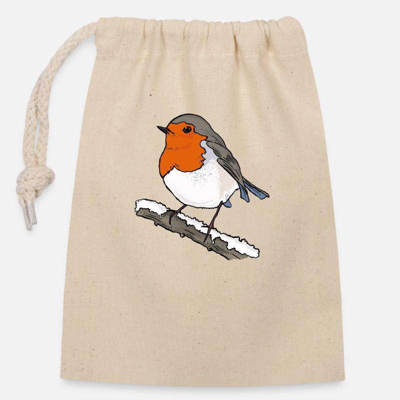 Robin on branch - Closable cotton gift bag (14x20cm) - nature