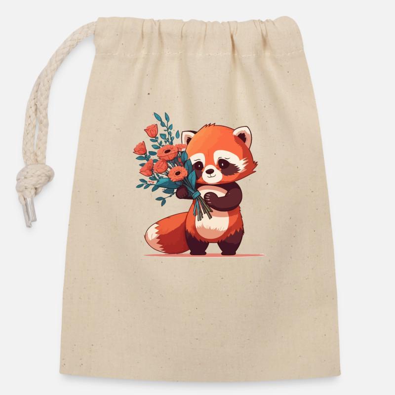 Panda roux à fleurs - Sac cadeau en coton avec cordon (14 x 20 cm) - nature