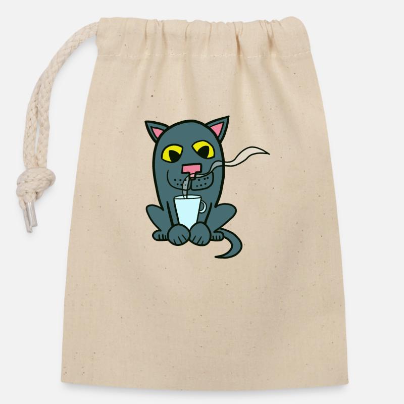 Café et chat - Sac cadeau en coton avec cordon (14 x 20 cm) - nature