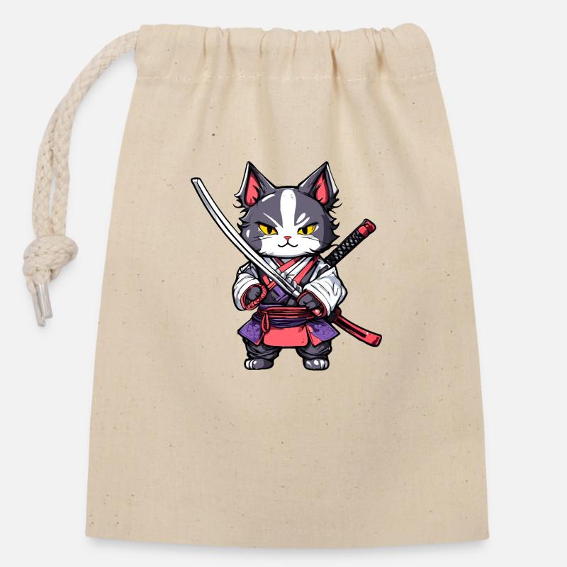Samurai-Katze #20 - Verschließbarer Geschenkbeutel aus Baumwolle (14x20cm) - Natur