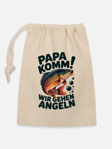 Papa komm wir gehen Angeln! Springender Karpfen - Verschließbarer Geschenkbeutel aus Baumwolle (14x20cm) - Natur