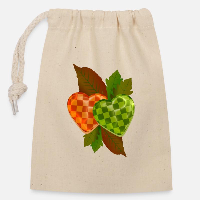 Checkered heart - Closable cotton gift bag (14x20cm) - nature