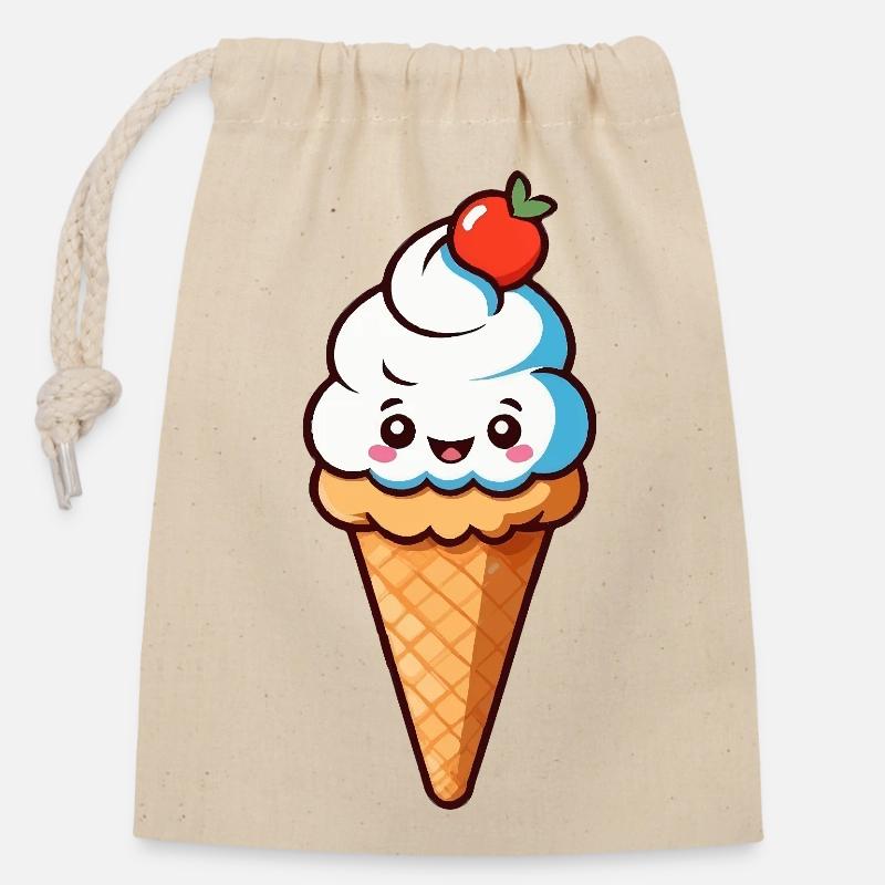 Cône crème Eis de dessin animé mignon avec un visage souriant - Sac cadeau en coton avec cordon (14 x 20 cm) - nature