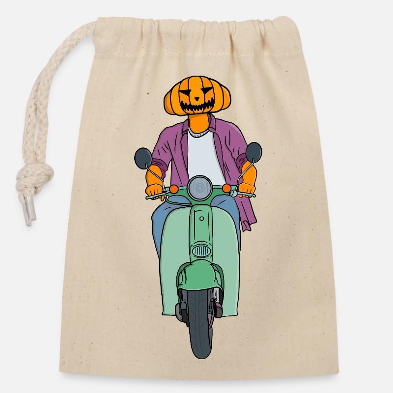 Pumpkin Rider on Mint Scooter - Closable cotton gift bag (14x20cm) - nature