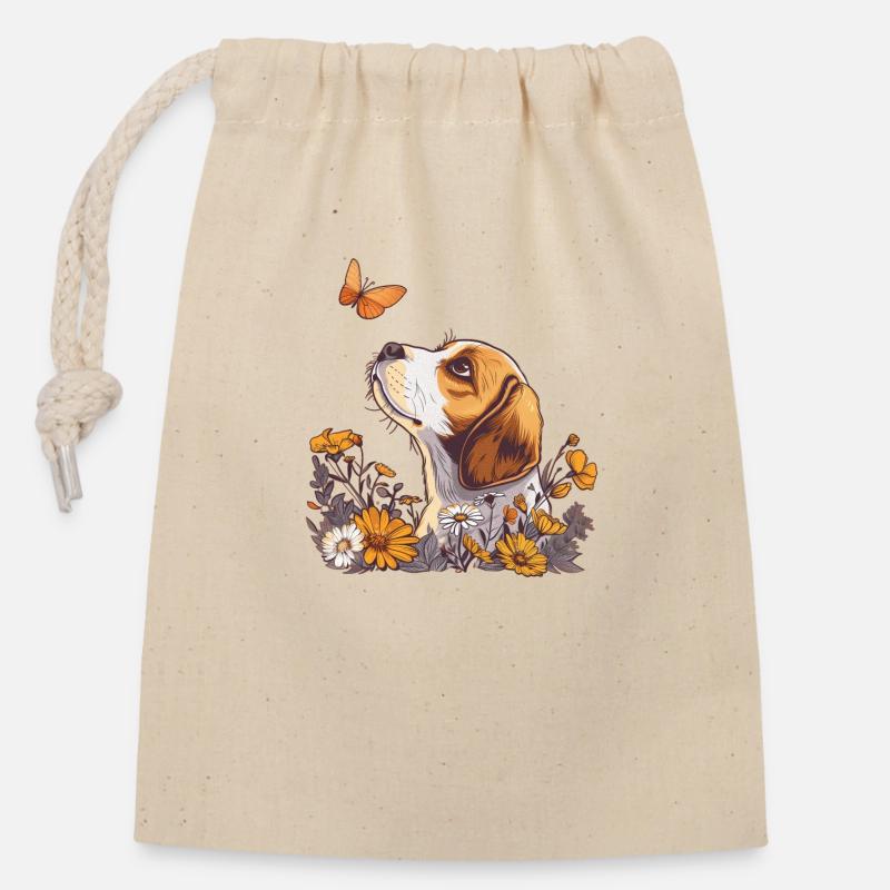 Beagle avec papillon - Sac cadeau en coton avec cordon (14 x 20 cm) - nature
