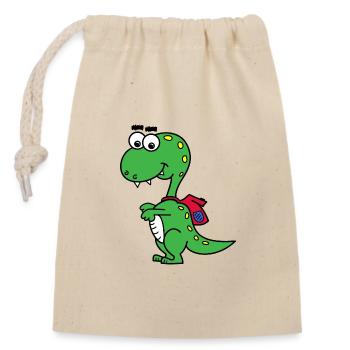 T-Rex mit Rucksack - Verschließbarer Geschenkbeutel aus Baumwolle (14x20cm) - Natur - Vorne