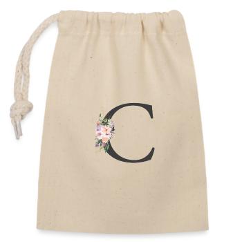 Lettre C, Monogramme, Floral - Sac cadeau en coton avec cordon (14 x 20 cm) - nature - Devant