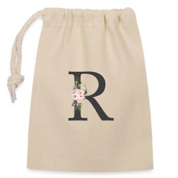 Lettre R, Monogramme, Fleurs - Sac cadeau en coton avec cordon (14 x 20 cm) - nature - Devant