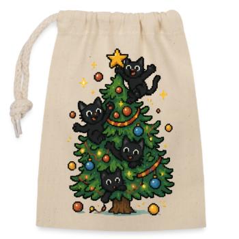Weihnachtsbaum mit frechen Katzen - Verschließbarer Geschenkbeutel aus Baumwolle (14x20cm) - Natur - Vorne