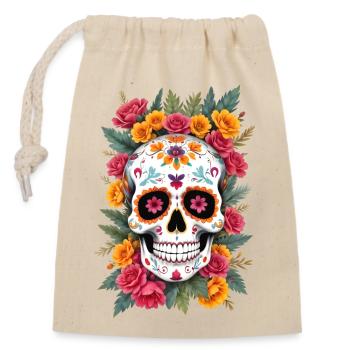 Tête de mort mexicaine sugar skull calavera fleurs - Sac cadeau en coton avec cordon (14 x 20 cm) - nature - Devant
