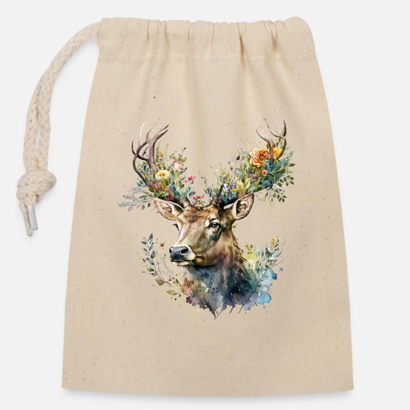 Hirsch mit Blumen - Verschließbarer Geschenkbeutel aus Baumwolle (14x20cm) - Natur