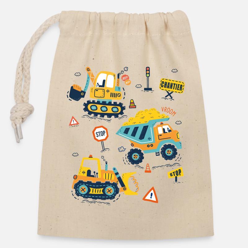 Engins de Chantier - Sac cadeau en coton avec cordon (14 x 20 cm) - nature