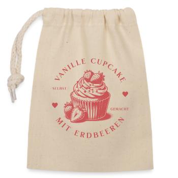 Vanille Cupcake mit Erdbeeren, Oberteil/Accessoire - Verschließbarer Geschenkbeutel aus Baumwolle (14x20cm) - Natur - Vorne