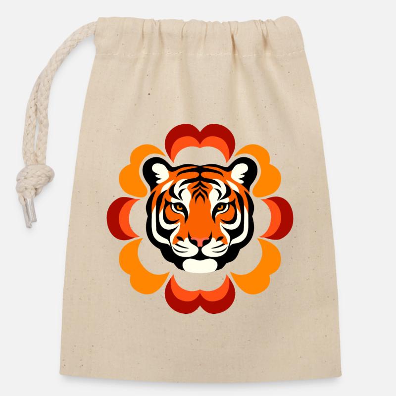 Retro Flower Power Tiger - Verschließbarer Geschenkbeutel aus Baumwolle (14x20cm) - Natur
