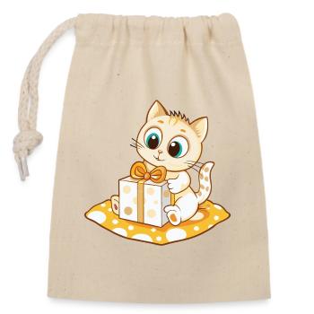 Niedliche Katze packt Geschenk aus - Verschließbarer Geschenkbeutel aus Baumwolle (14x20cm) - Natur - Vorne