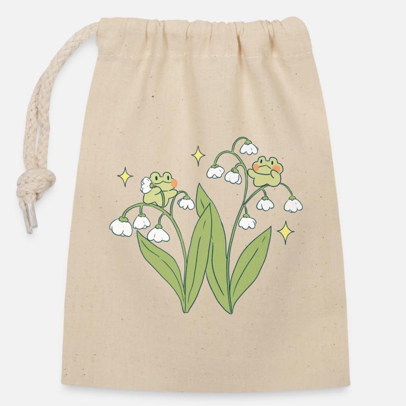 Grenouilles fleuries - Sac cadeau en coton avec cordon (14 x 20 cm) - nature