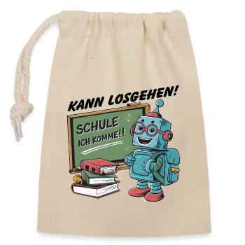 Einschulung erster Schultag kleiner Roboter - Verschließbarer Geschenkbeutel aus Baumwolle (14x20cm) - Natur - Vorne