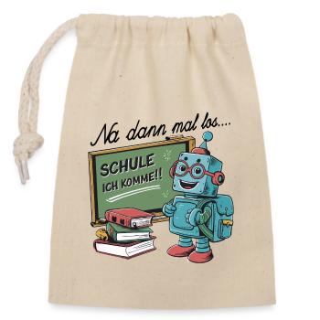 Einschulung erster Schultag kleiner Roboter - Verschließbarer Geschenkbeutel aus Baumwolle (14x20cm) - Natur - Vorne