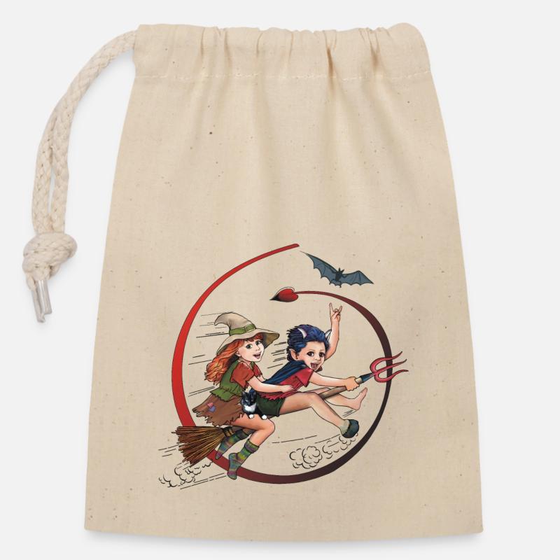 Hexi et Satani - Sac cadeau en coton avec cordon (14 x 20 cm) - nature
