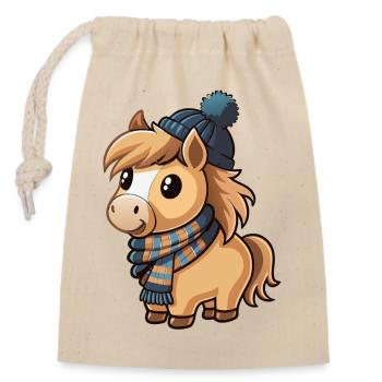 Cute pony with scarf and bobble hat. - Closable cotton gift bag (14x20cm) - nature - Front
