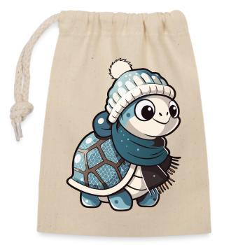 Cute turtle with scarf and bobble hat. - Closable cotton gift bag (14x20cm) - nature - Front