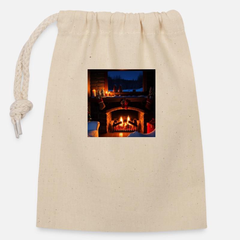 Scène de cheminée confortable - Sac cadeau en coton avec cordon (14 x 20 cm) - nature