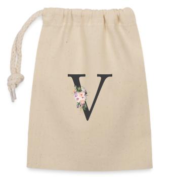 Lettre V, Monogramme, Fleurs - Sac cadeau en coton avec cordon (14 x 20 cm) - nature - Devant