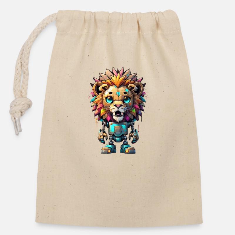Robot Lion - Sac cadeau en coton avec cordon (14 x 20 cm) - nature