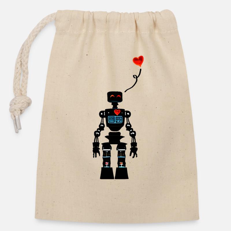 Loving little robot - Closable cotton gift bag (14x20cm) - nature