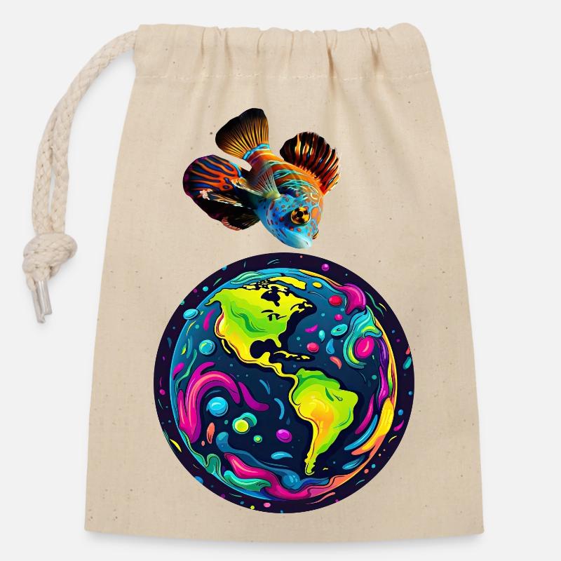 Le poisson et sa planète - Sac cadeau en coton avec cordon (14 x 20 cm) - nature
