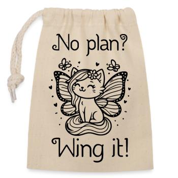 Pas de plan ? Envolez-le ! Chat ailé (noir) - Sac cadeau en coton avec cordon (14 x 20 cm) - nature - Devant