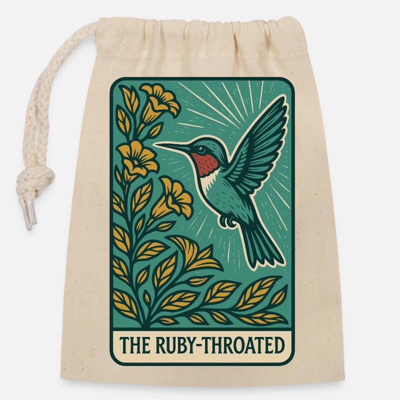 Colibri et fleurs – Oiseau botanique vintage - Sac cadeau en coton avec cordon (14 x 20 cm) - nature
