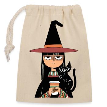 Grumpy Witch with Coffee and Black Cat – Halloween - Verschließbarer Geschenkbeutel aus Baumwolle (14x20cm) - Natur - Vorne