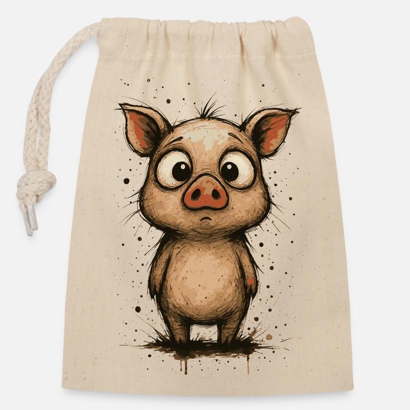 Funny piglet with big eyes – splash - Closable cotton gift bag (14x20cm) - nature