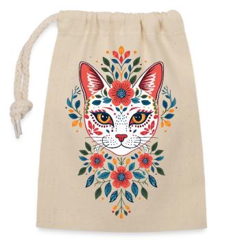 Flower cat head in folk style - Closable cotton gift bag (14x20cm) - nature - Front