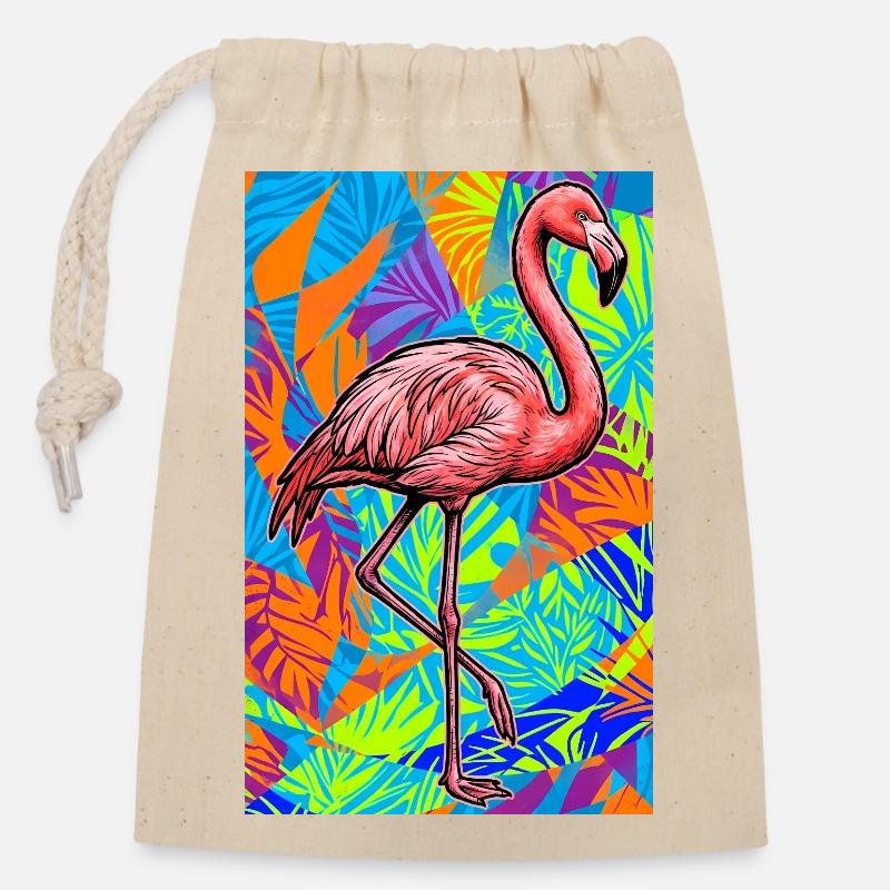 Flamingo - Verschließbarer Geschenkbeutel aus Baumwolle (14x20cm) - Natur