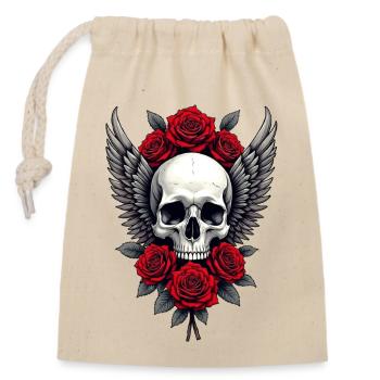 Geflügelter Totenkopf & rote Rosen, Gothic, Totenkopf - Verschließbarer Geschenkbeutel aus Baumwolle (14x20cm) - Natur - Vorne